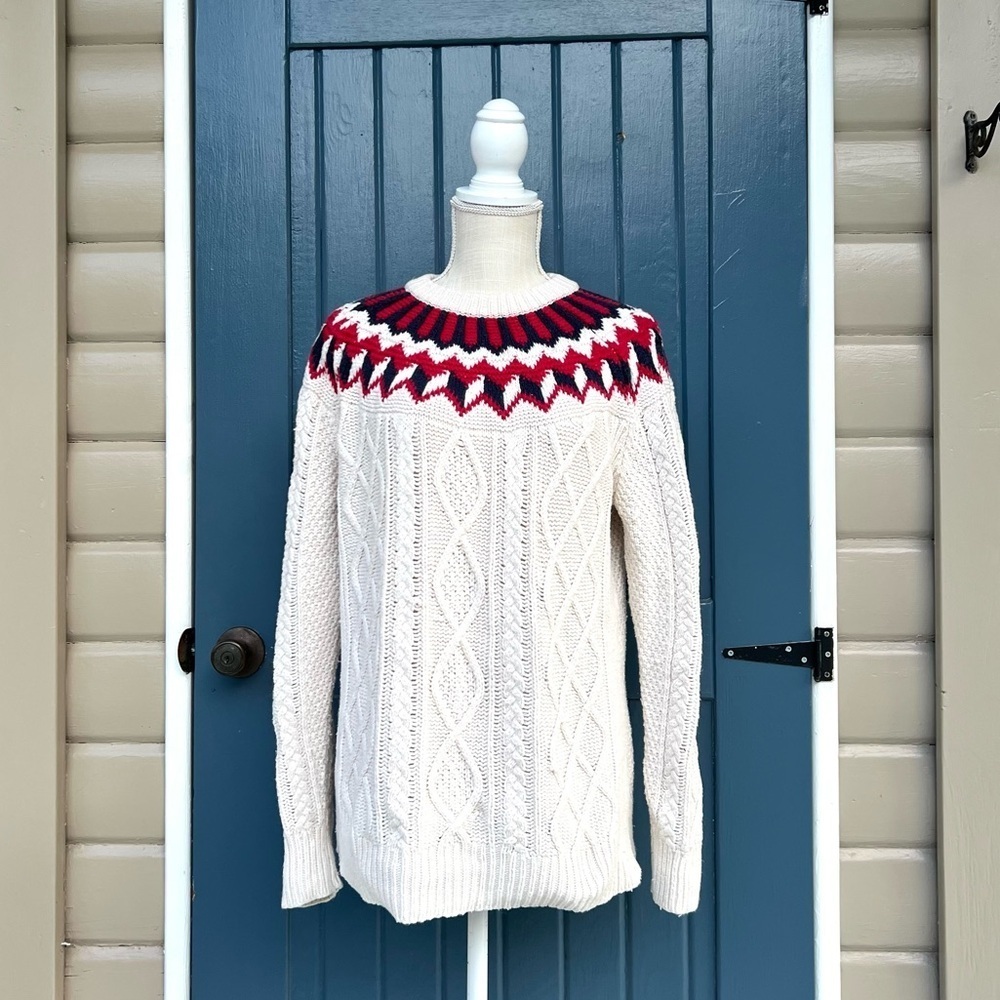 J.CREW Chunky Cable Knit Fair Isle Pullover Sweater Women Size Medium